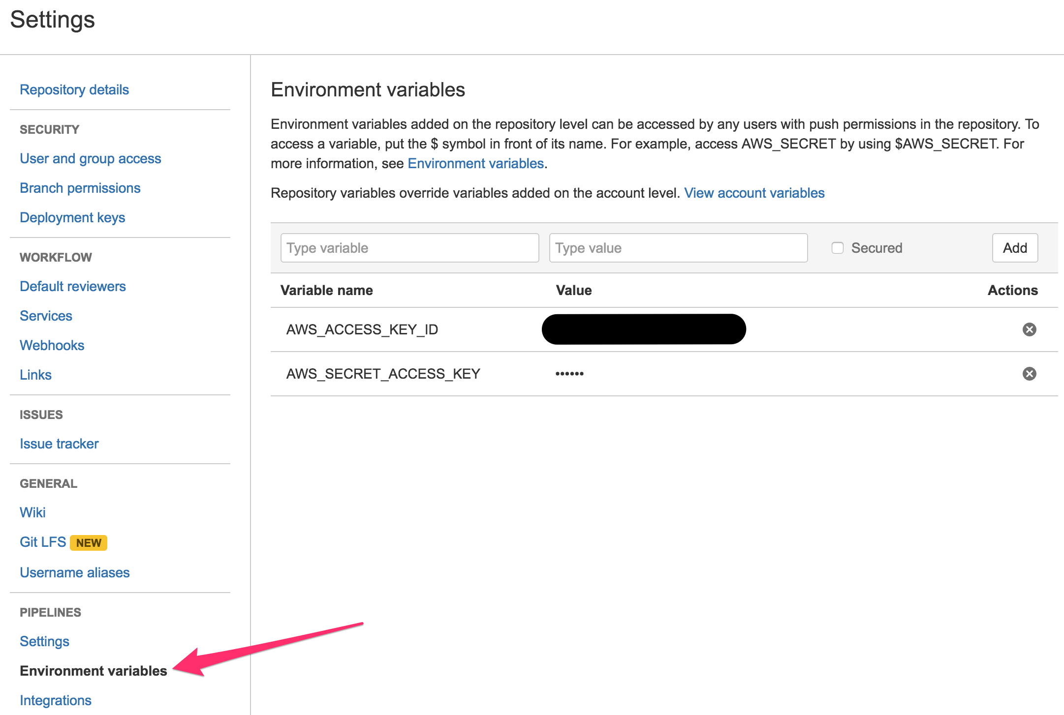 BitBucket Pipelines environment variable configuration